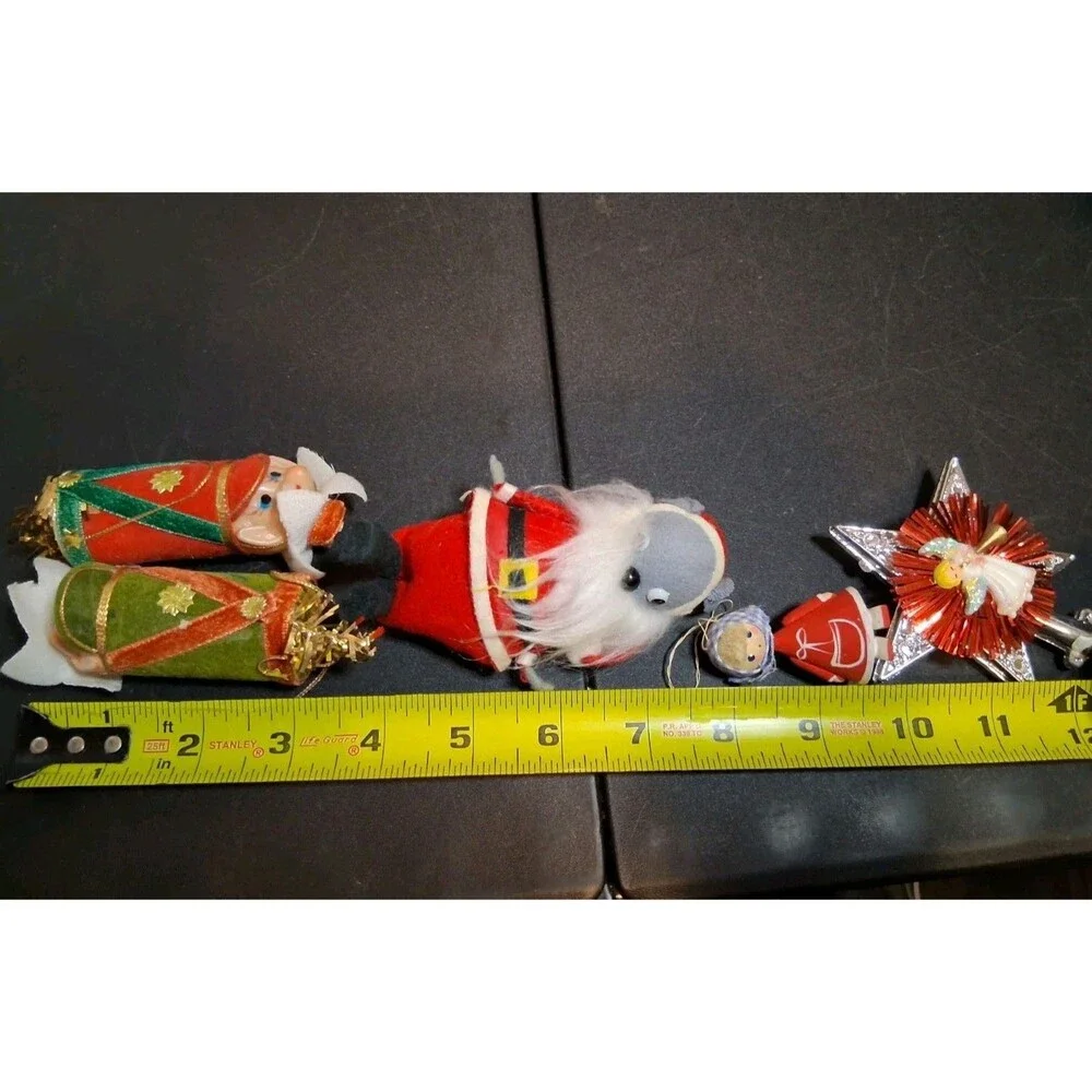 VINTAGE Kitsch 5 CHRISTMAS ORNAMENTS  ELF Soldier Santa Mouse Star Angel Girl